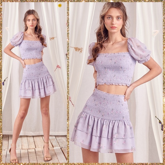 📌 STORIA Smocked Bodice Crop Top & Skirt Chiffon Sleeves & Double Ruffled Skirt - Picture 11 of 16